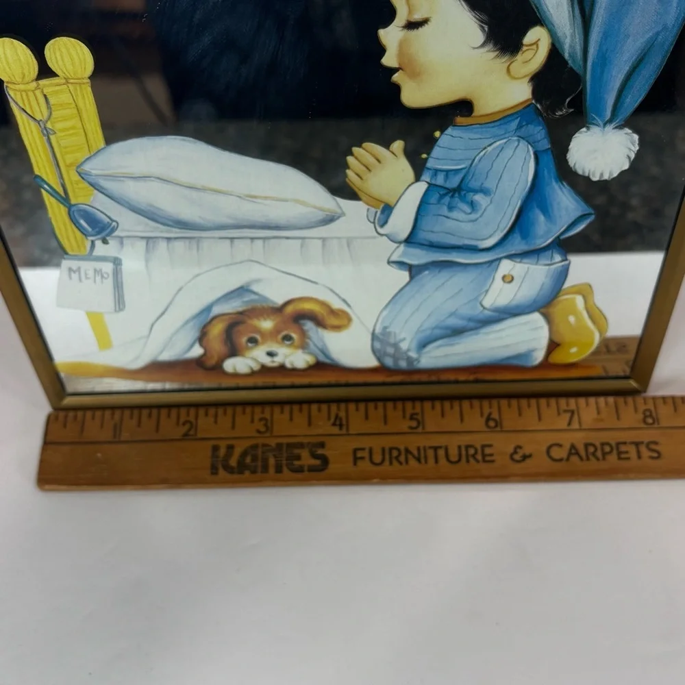 Vintage Mirror Little Boy Kneeling In Prayer On Bed W/Dog-70’s Walmart Decor MCM